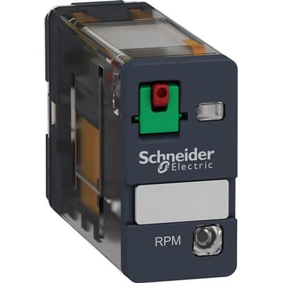 Schneider Electric effektrelæ 15A 1C/O med LED RPM, vist fra siden med grøn og rød knap. Relæet har hvidt mærkat til mærkning.