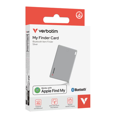 Forpakning af Verbatim My Finder Card Bluetooth Item Finder i sølv med produktinformation og ikon for Apple Find My.