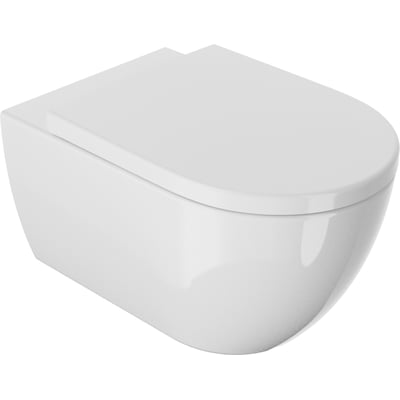 Hvid COBA hængetoiletskål med lukket toiletsæde, afrundet form og skjult montering, 54 x 36 cm.