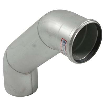 Blücher lang bøjning på 87,5 grader og 125 mm diameter i rustfrit stål, med synlig produktmærkning.