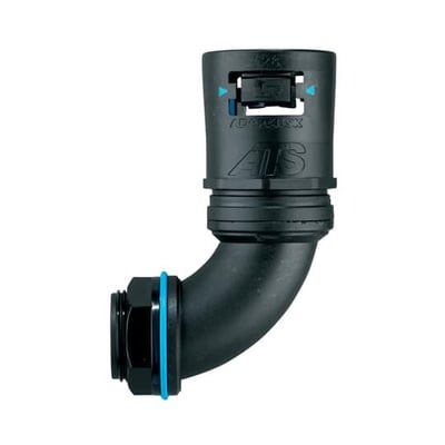 Thomas & Betts Adaptalok ATS 90° fitting til 34 mm kabelrør med 1 tomme PF-gevind, vist i sort med blå ring.