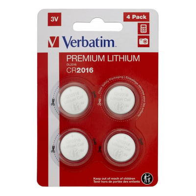 Verbatim CR2016 3V lithium knapcellebatterier i 4-pak, vist i blisterpakning med rød baggrund og tydelig produktinformation.