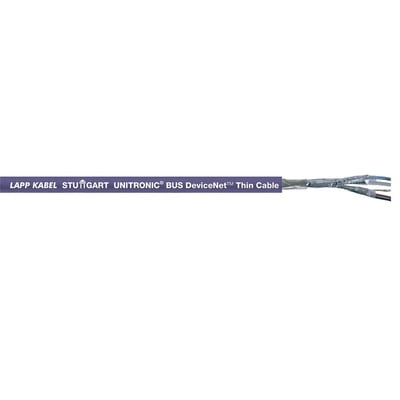 Lapp Unitronic Bus DN Thin FRNC kabel med tydelig tekstmærkning og afskærmet ende med synlige ledere.