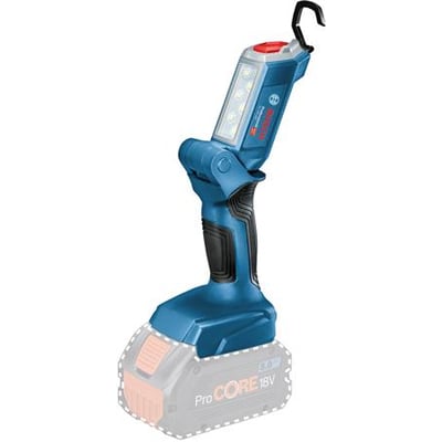 Bosch GLI 18V-300 stavlygte med justerbar lampehoved, vist med et Bosch ProCORE 18V batteri på en hvid baggrund.