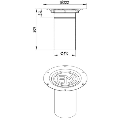 Teknisk tegning af Blücher Circle overdel med dimensioner for cylinder, flange og højde.