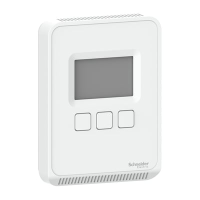 Schneider Electric SpaceLogic SLA-serie vægmonteret luftkvalitetssensor med LCD-display og tre knapper, hvid.