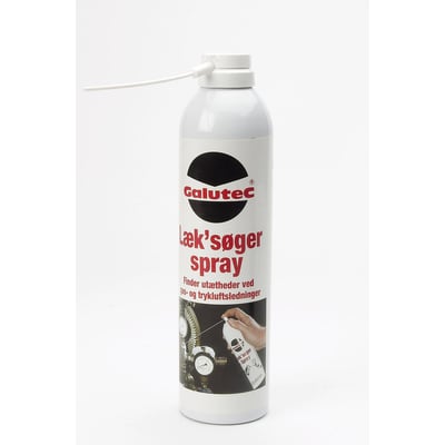 Galutec lækagesøger spray i hvid aluminiumsdåse med rød og sort etiket, viser en tynd dyse og en hånd med en lille spraydåse ved et manometer.