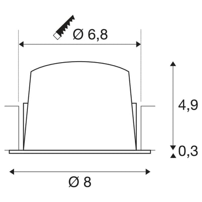 Teknisk tegning af SLV NUMINOS® DL S loftindbygningsspot med dimensioner for indbygningshul og højde.