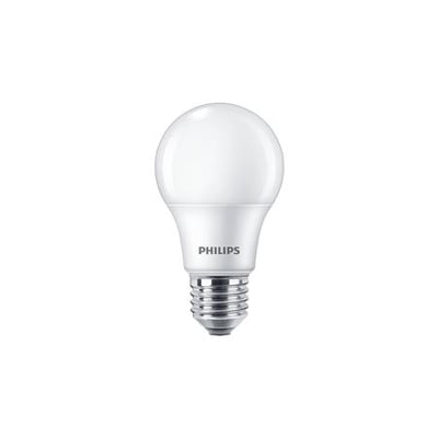 En enkelt Philips LED Standard pære med E27-fatning, mat hvid overflade og 470 lumen lysstyrke.