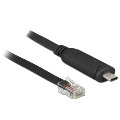 Sort Delock USB 2.0 til RS-232-adapter med USB-C- og RJ45-stik, vist med begge stik på det sorte kabel.