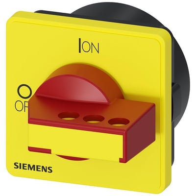 Siemens drej betjeningsmekanisme med rød/gul drejeknap og tydelig 'ON' og 'OF' markering på gul front.