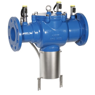 Resideo Braukmann DN100 TBS tilbagestrømssikringsventil med flange, fremstillet af duktiljern med blå epoxybelægning og PN10 trykklasse.