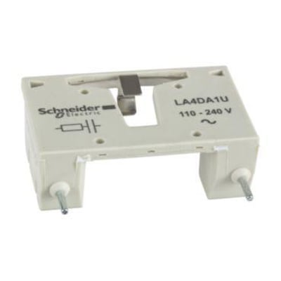 Schneider Electric RC-beskyttelse model LA4DA1U, designet til 110-240V, fremstillet i hvidt plast og beregnet til kontaktorer.