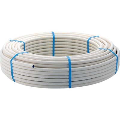Geberit FlowFit PE-RT-alu-PE-RT-rør, 25x2,5mmx50m, i en hvid rulle holdt sammen af blå bånd.