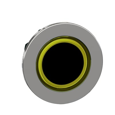 Schneider Electric Harmony XB4/ZB4 flush trykknaphoved med gul, oplyst ring og sort trykflade på hvid baggrund.