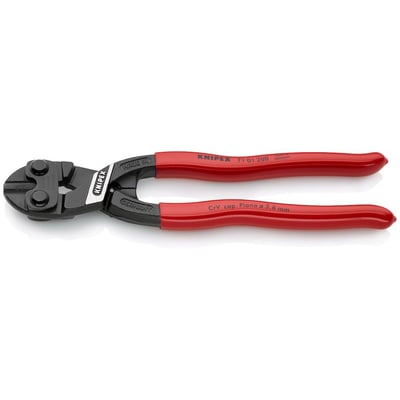 Detalje af Knipex CoBolt miniboltsaks 7101, viser skærhovedet og informationen 'CrV cap. Piano Ø 3,6 mm' på håndtaget.