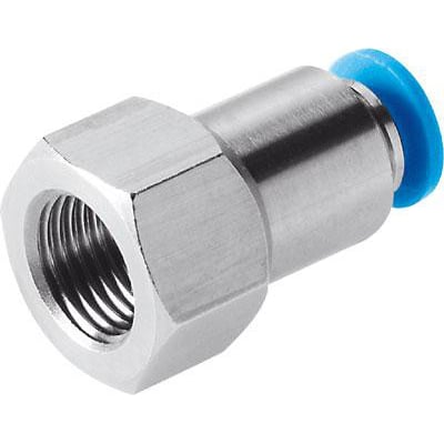 Festo lige forskruning QSF-1/8-4-B i metal med indvendigt gevind og blå push-in kobling.