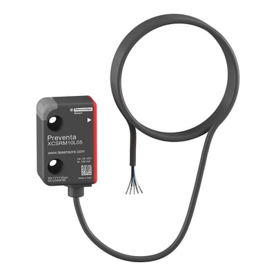 Telemecanique Sensors Preventa XCS RFID-sikkerhedskontakt med unik parring, sort hus og fast kabel med synlige ledere.