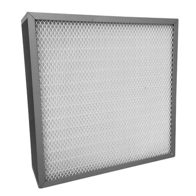 Hepa filter til NPU 1250 luftrenser med målene 380 x 380 x 115 mm i grå ramme og hvidt filtermateriale.