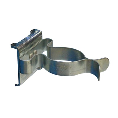 Fjederklemme med bagplade fra Maskinfabrikken Universal, Ø38mm, fremstillet af metal med præget tekst.