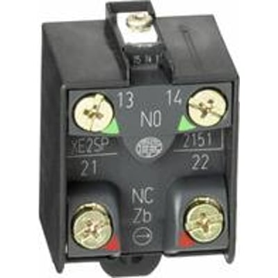 Schneider Electric XE2SP3151 kontaktelement med skrueterminaler til ZCT-kroppe, viser NO og NC kontakter mærket 13-14 og 21-22.