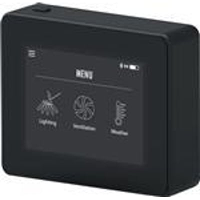 Sort Xzense styringsenhed til røgsuger med digital skærm, der viser menu med ikoner for Lighting, Ventilation og Weather.