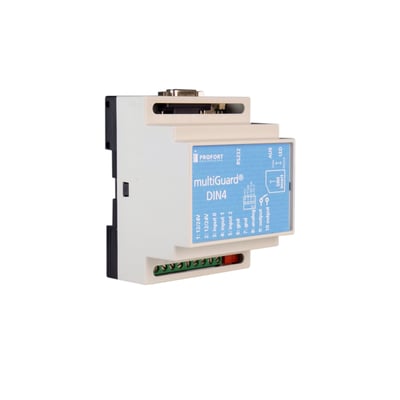 Profort MultiGuard DIN4 GSM-modul til 2G med lyst modulhus, blå frontmærkat og grønne tilslutningsklemmer.