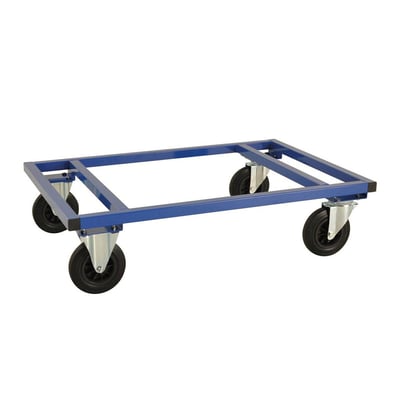 Blå pallevogn fra Handy Transportvogne til ½ palle (800x600 mm) med fire massive gummihjul, pulverlakeret stel og 800 kg belastning.