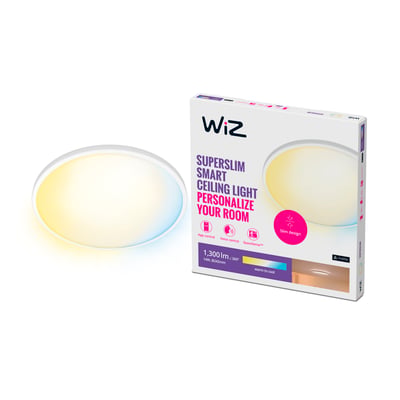WiZ superslim smart plafond med app-styring, 1250 lm, Ø24 cm, vist med kartonemballage, der fremhæver tunable white lys.