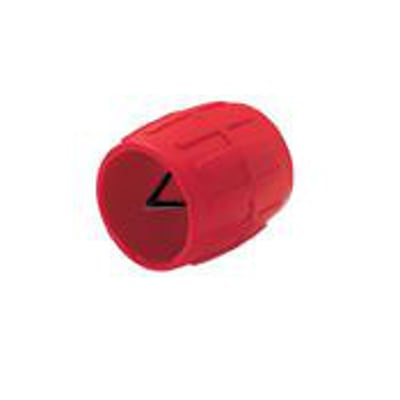 Tæt på den røde Ridgid afgrater 127, der viser dens robuste plastkonstruktion og den skarpe, V-formede stållegeringsklinge indvendigt.