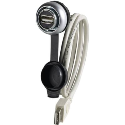 Eaton USB forlængerledning med Ø22 mm hulmontering og hvidt kabel, viser USB A-stikket og et sort beskyttelsesdæksel.