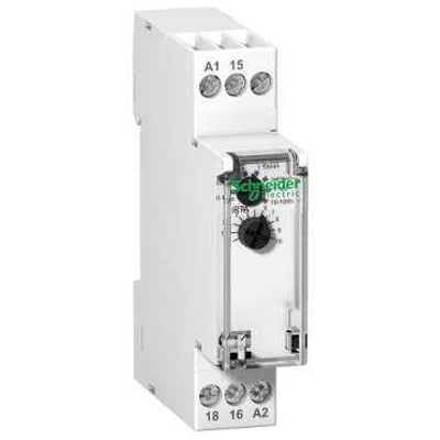 Schneider Electric tidsrelæ iRTA INDKOB 24-240V i hvidt design med tydelige terminaler A1, 15, 18, 16 og A2.