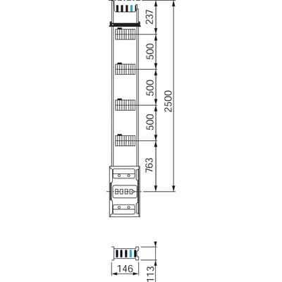 Schneider Electric stigeledningsskinne KSA500EV4254, 2,5m, 4 forretninger, 500A. Måltegning viser aluminiumsprofil med integreret fordelingsafsnit.