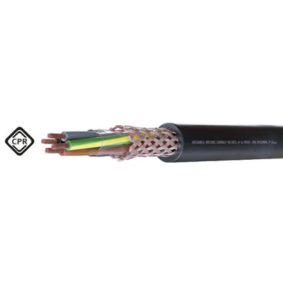 Ascable-Recaels RC4Z1-K 1 kV installationskabel 2x10 med sort yderside, vist åbent med kobberskærm og farvede ledere.