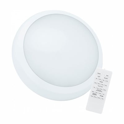Hvid, rund SpectrumLED Nymphea City Pro 2 LED-loftlampe med sensor og fjernbetjening set skråt forfra.