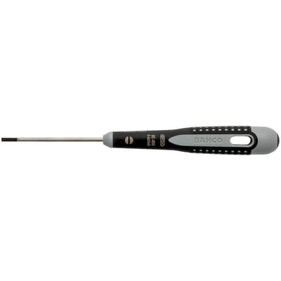 Nærbillede af Bahco ERGO skruetrækkeren BE-8010 med 0,5x3,0x75 mm ligekærvspids, viser håndtagets detaljer og Bahco logo.
