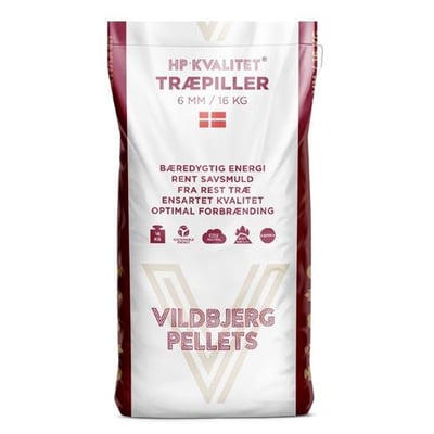 Sæk med Ekman træpiller i HP-kvalitet, 6 mm og 16 kg, med hvid front og mørkerøde sider.