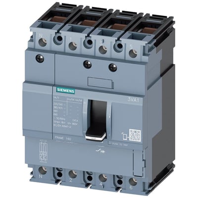 Siemens 3VA1 maksimalafbryder, 4-polet, 160A, med en Icu på 36kA ved 415V. Afbryderen er grå med en sort vippekontakt mærket '160A'.