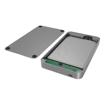 ICY Box USB 3.1 Type-C kabinet åbent med 2.5" SATA drev og printplade synlig, sølvfarvet.
