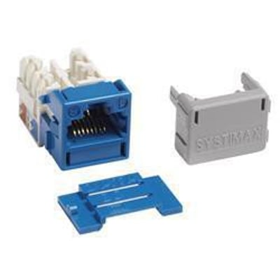 CommScope SYSTIMAX GigaSPEED X10D MGS600 uskærmet Cat.6a modular jack (RJ45) i blå og hvid, med 110 (IDC) klemmer og et gråt beskyttelsescover.