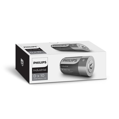 Pakke med 10 stk. Philips Industrial D LR20 alkaline batterier på hvid baggrund med et enkelt batteri vist på siden af pakken.