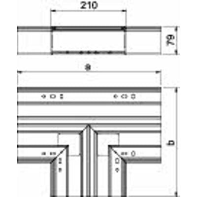 Tekniske tegninger af OBO Bettermann T-stykke WDK T80210RW, der viser mål for bredde 210 mm og højde 80 mm samt monteringsdetaljer.