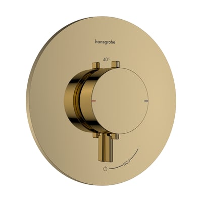 Hansgrohe Ecostat Comfort S termostatarmatur i poleret guld med centreret betjeningsgreb og tydelige markeringer for temperatur og eco-funktion.