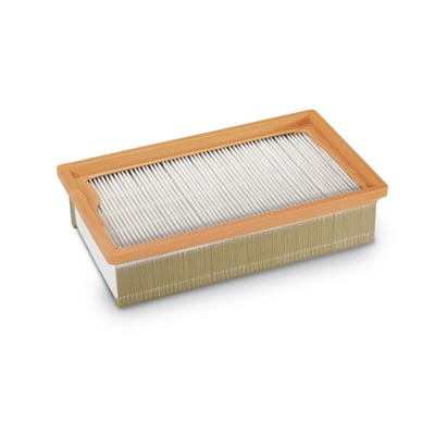 Baier H-filter til BSS608H støvsuger med orange ramme og hvidt PTFE-filter, viser detaljer fra en let vinkel.