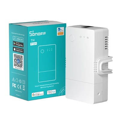 Hvid Sonoff THR316 smart temperatur- og fugtighedssensor med WiFi vises ved siden af den turkise æske.