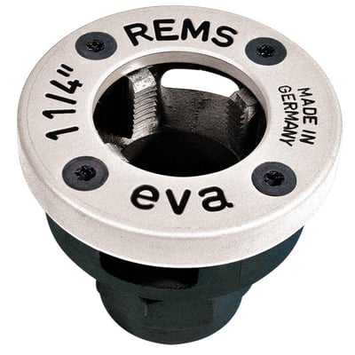 Detaljeret visning af Rems EVA gevindskærehoved med 1 1/4" bakker, fremhæver mærke og produktionsland.