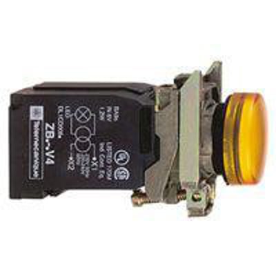 Schneider Electric komplet lampe med orange lys, 110-120VAC, BA9s sokkel og transformer, med krombelagt frontring.