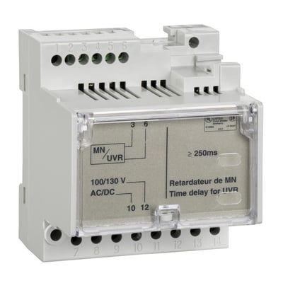 Schneider Electric tidsforsinkelsesrelæ til spændingsudløsning MN med 200-250V AC/DC og et tidsforsinkelse på mindst 250ms.