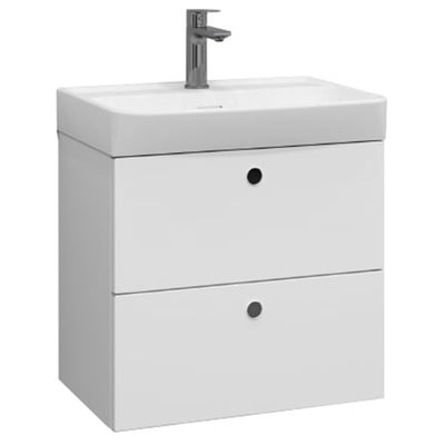 Svedbergs Intro underskab i hvid mat med to skuffer og integrerede greb. Skabet er 50x35 cm og har en blank krom vandhane monteret på den hvide porcelænsvask.