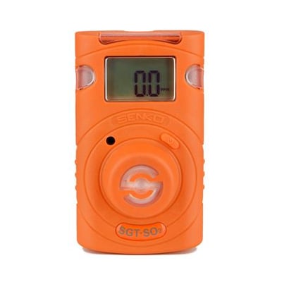 Frontbillede af en orange Senko SGT SO2 singlegasdetektor med tydeligt display og selvtestfunktion.